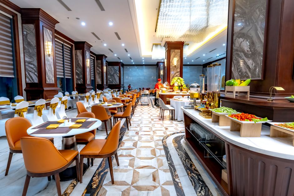 Elegant buffet restaurant interior with lavish decor and spacious seating arrangement